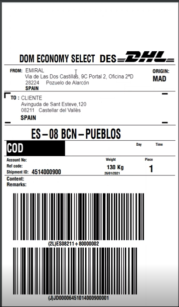 example label created for logistics operator with sage x3